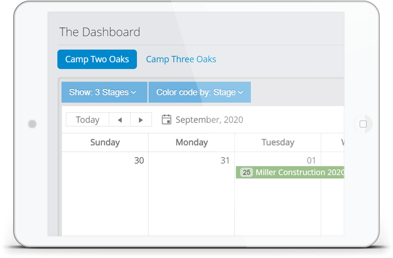Tablet showing close up of calendar with two tabs for different camps